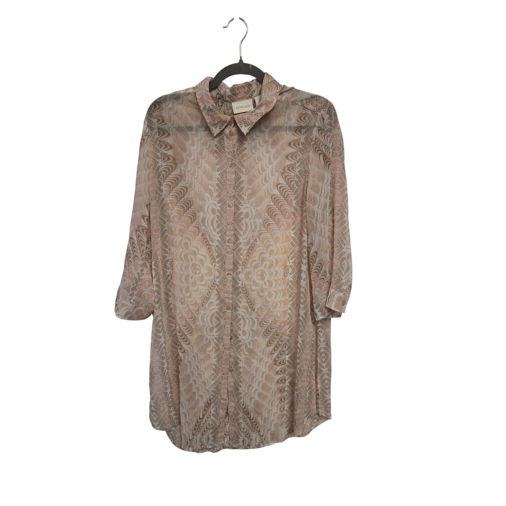 Chico's Women Tan Beige Geometric Print Sheer Button Down Tunic XL Size 2